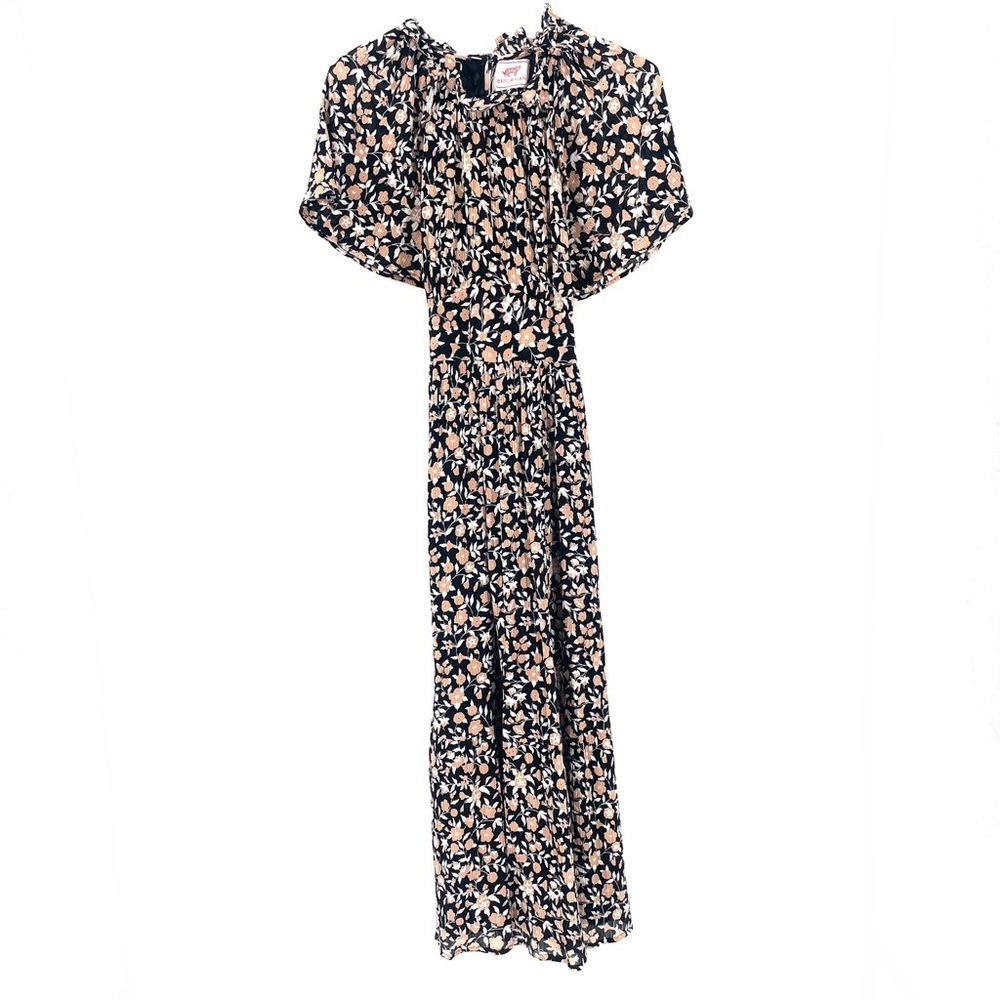 Banjanan Anthropologie Boho Brown Black Floral Tie Waist Midi Flowy Dress